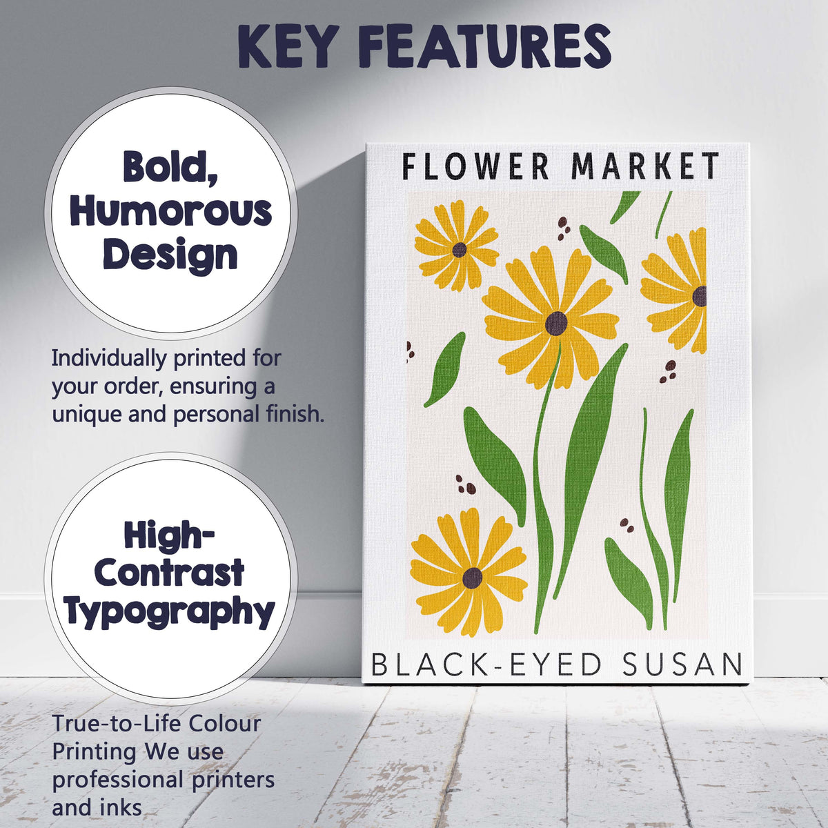 Yellow Black Eyed Susan Wildflower Botanical Illustration Canvas Wall Art Print Decor Picture Ready to Hang