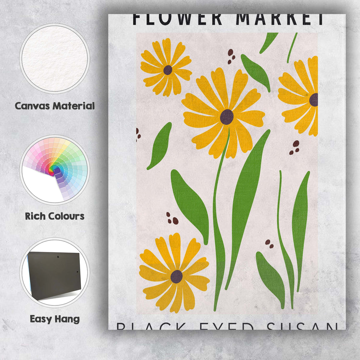 Yellow Black Eyed Susan Wildflower Botanical Illustration Canvas Wall Art Print Decor Picture Ready to Hang