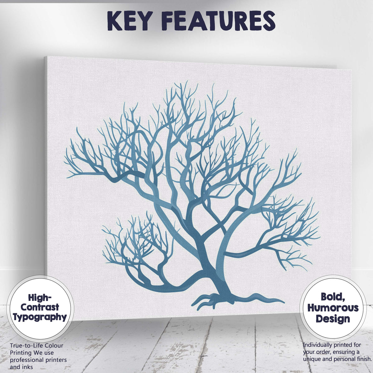 Blue Bare Tree Silhouette Abstract Nature Illustration Canvas Wall Art Print Decor Picture Ready to Hang