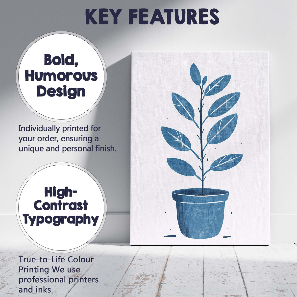 Minimalist Blue Potted Houseplant Botanical Illustration Scandinavian Style Canvas Wall Art Print Decor Picture Ready to Hang