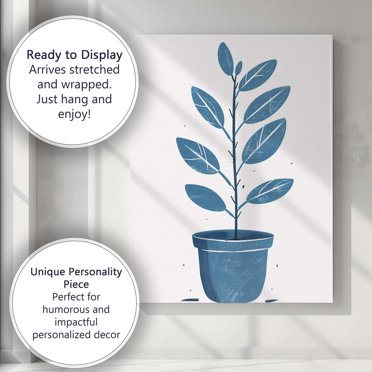 Minimalist Blue Potted Houseplant Botanical Illustration Scandinavian Style Canvas Wall Art Print Decor Picture Ready to Hang