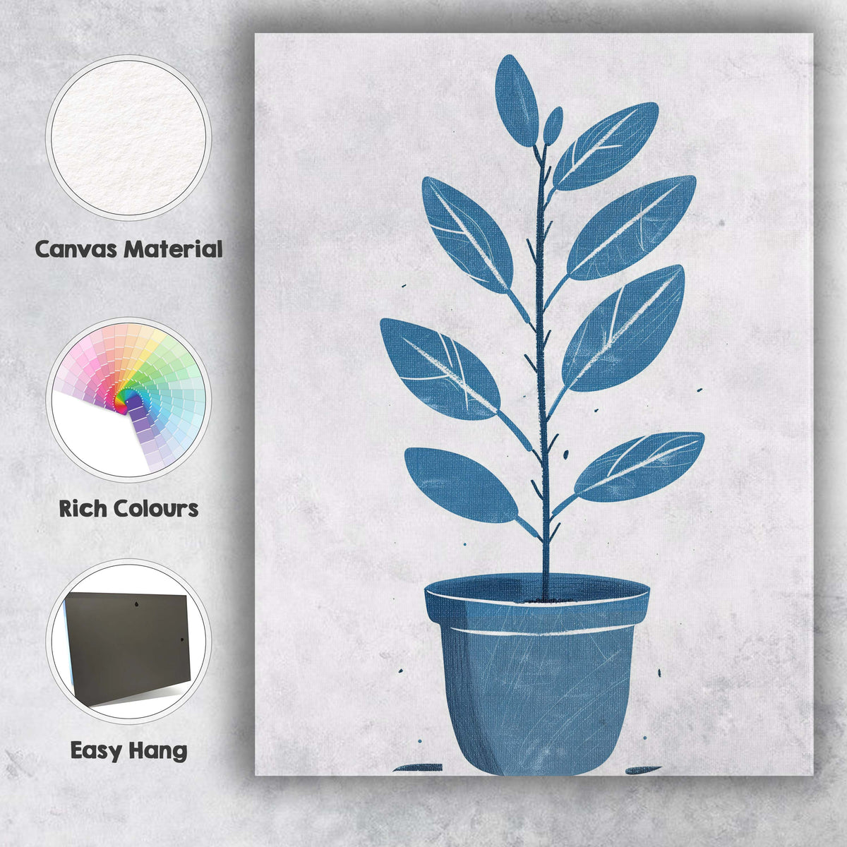 Minimalist Blue Potted Houseplant Botanical Illustration Scandinavian Style Canvas Wall Art Print Decor Picture Ready to Hang