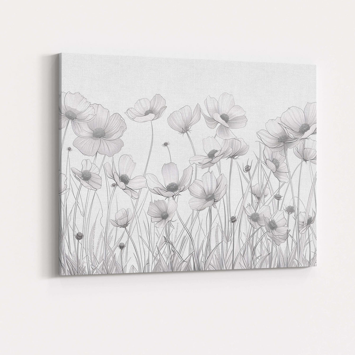 Elegant Botanical Flower Field Fine Line Drawing Artwork Canvas Wall Art Print Decor Picture Ready to Hang