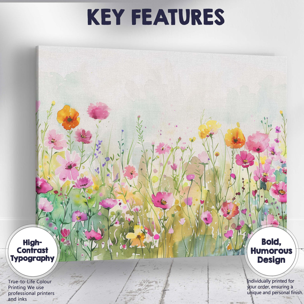 Pink And Yellow Wildflower Watercolour Garden Landscape Canvas Wall Art Print Decor Picture Ready to Hang