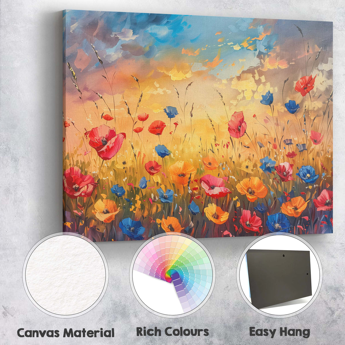 Vibrant Wildflower Meadow Sunset Painting Colourful Poppy Field Landscape Canvas Wall Art Print Decor Picture Ready to Hang