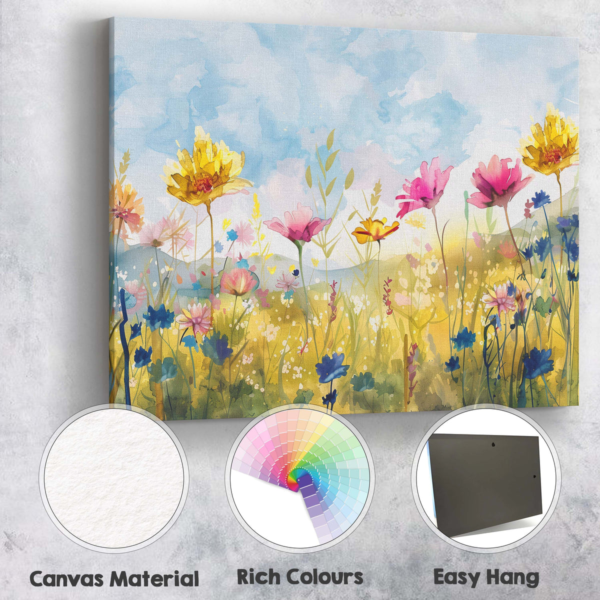 Bright Watercolour Wildflower Meadow Colourful Floral Landscape Canvas Wall Art Print Decor Picture Ready to Hang