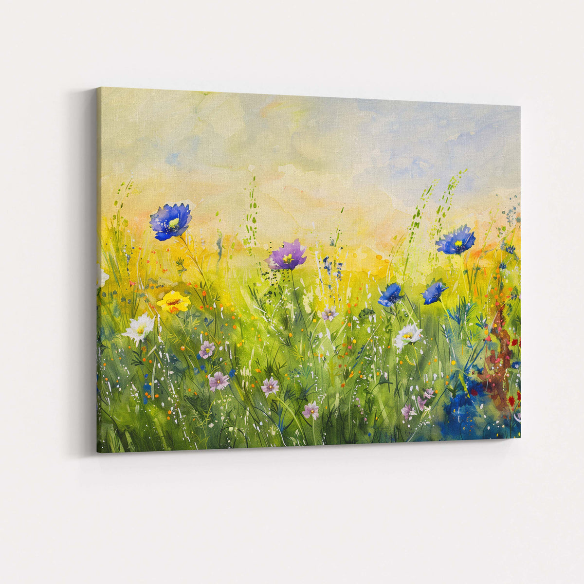 Fresh Green Meadow Blue Blossom Watercolour Nature Scene Canvas Wall Art Print Decor Picture Ready to Hang