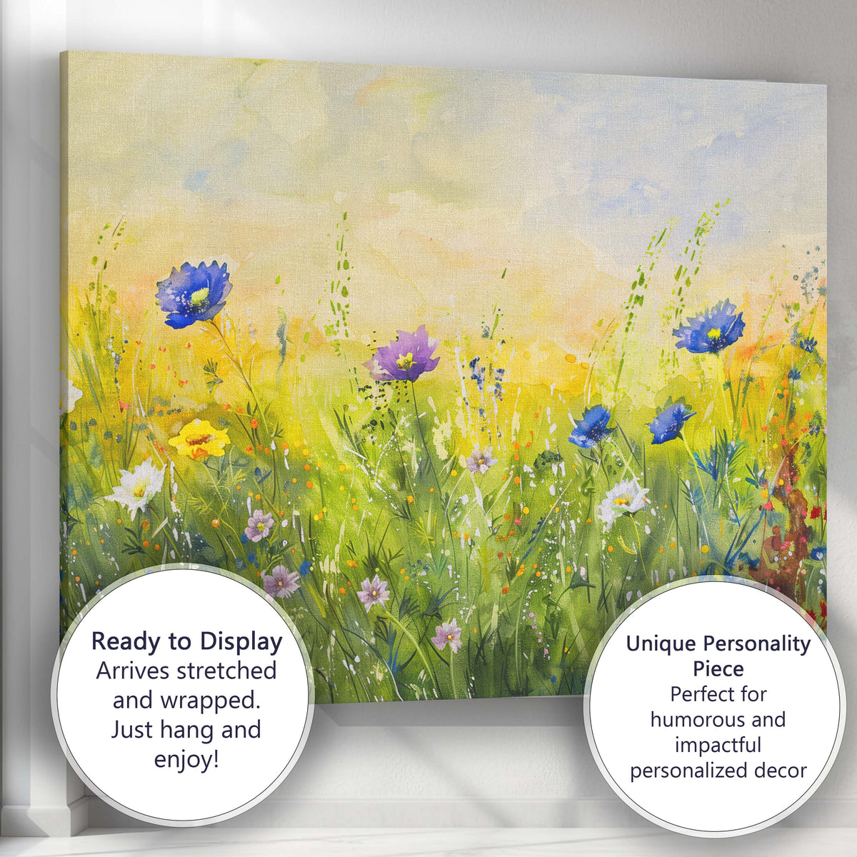 Fresh Green Meadow Blue Blossom Watercolour Nature Scene Canvas Wall Art Print Decor Picture Ready to Hang