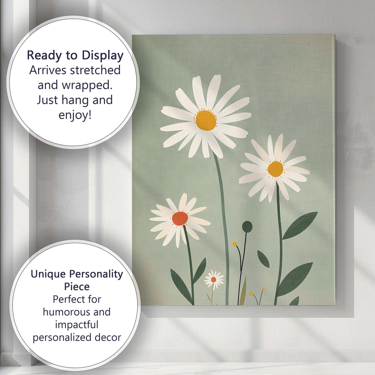 Sage Green Daisy Flower Minimalist Botanical Artwork Canvas Wall Art Print Decor Picture Ready to Hang
