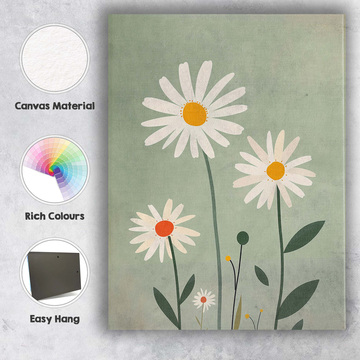 Sage Green Daisy Flower Minimalist Botanical Artwork Canvas Wall Art Print Decor Picture Ready to Hang