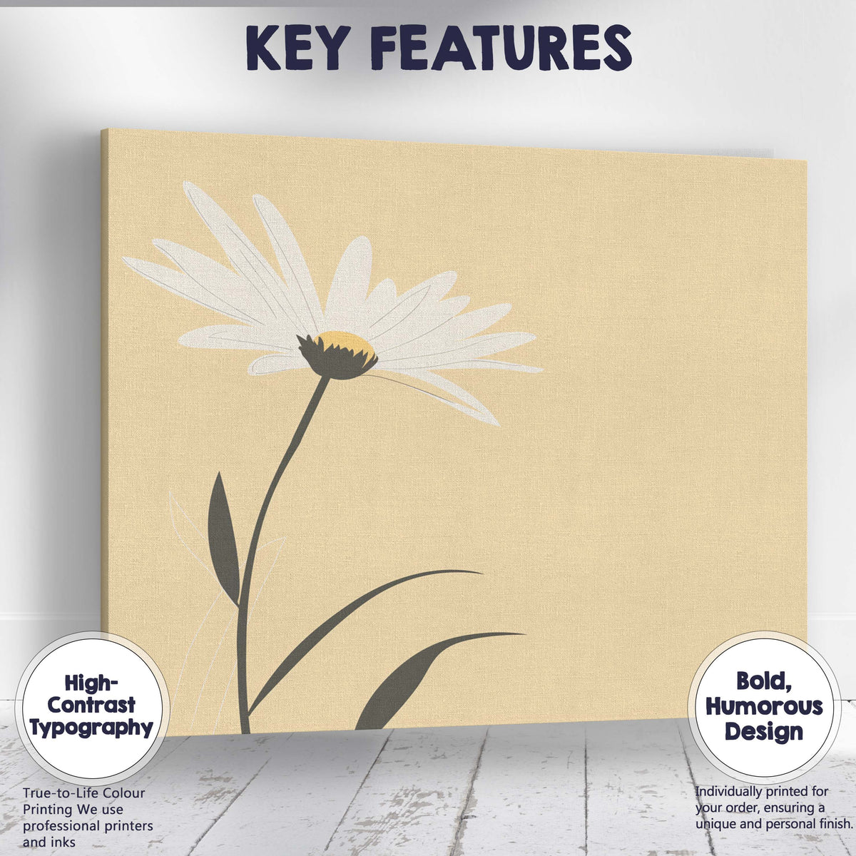 Minimal Beige Daisy Botanical Line Art Floral Print Canvas Wall Art Print Decor Picture Ready to Hang