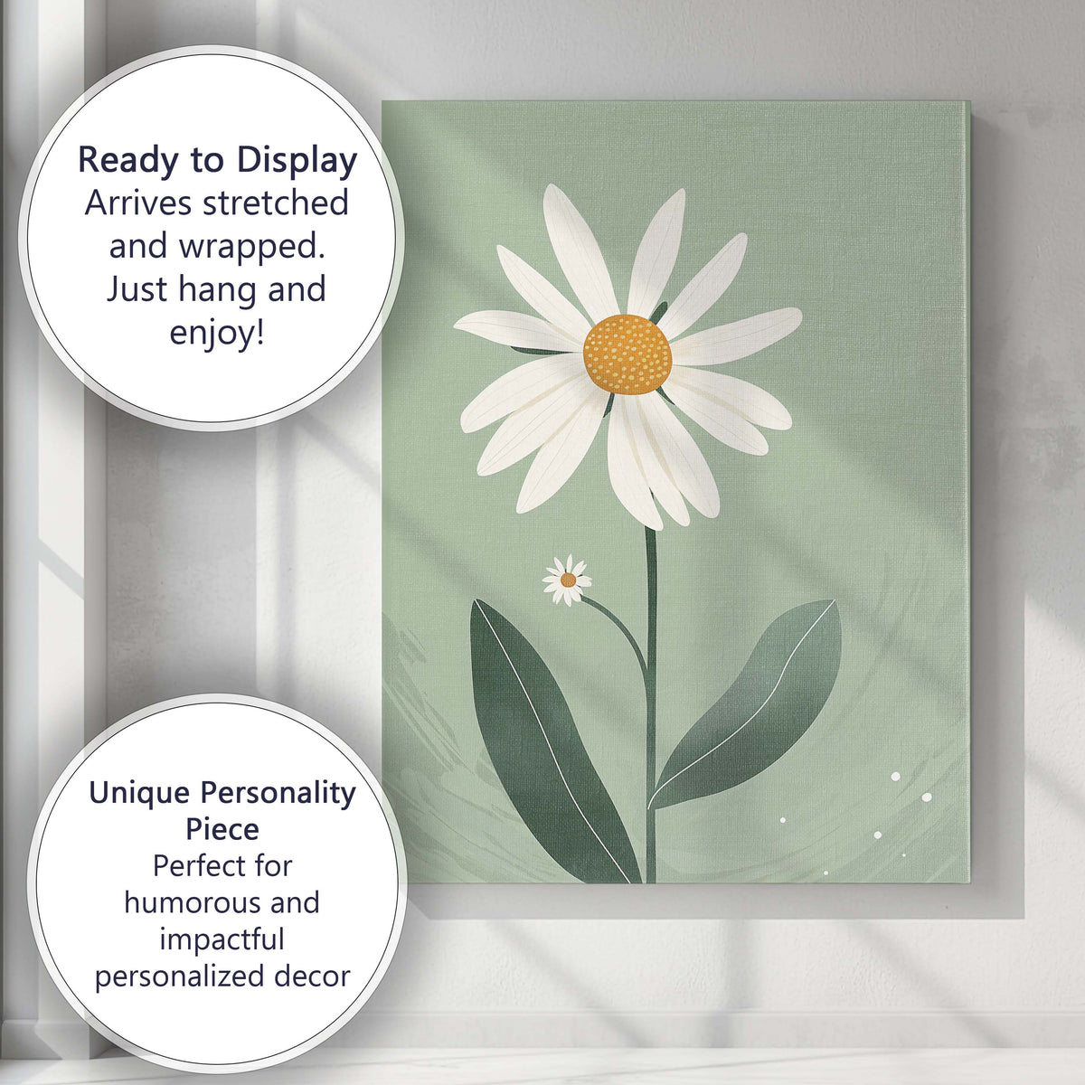 Soft Sage Daisy Botanical Illustration Contemporary Floral Art Canvas Wall Art Print Decor Picture Ready to Hang