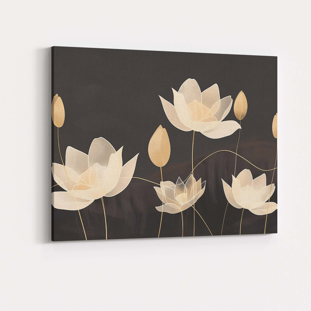 Elegant Ivory Lotus Flower Line Art Dark Neutral Botanical Canvas Wall Art Print Decor Picture Ready to Hang