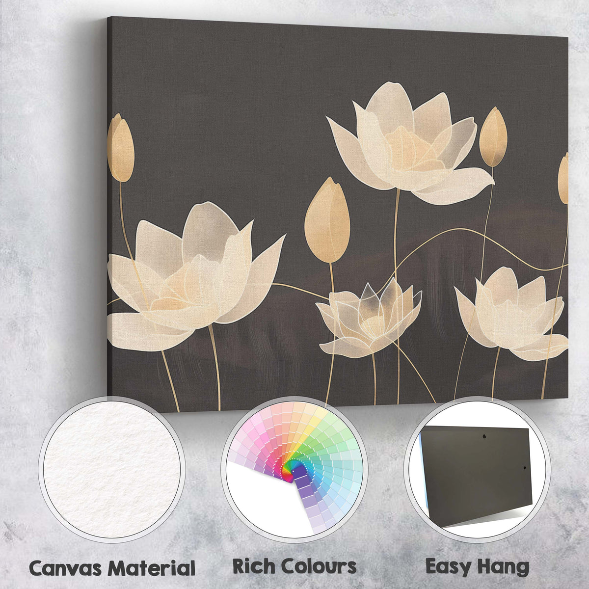 Elegant Ivory Lotus Flower Line Art Dark Neutral Botanical Canvas Wall Art Print Decor Picture Ready to Hang
