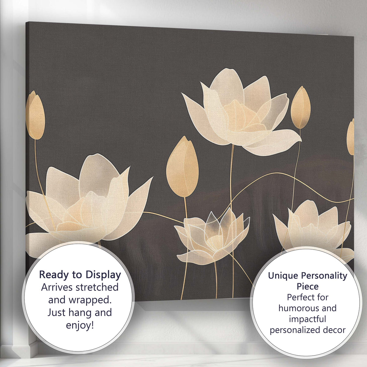 Elegant Ivory Lotus Flower Line Art Dark Neutral Botanical Canvas Wall Art Print Decor Picture Ready to Hang
