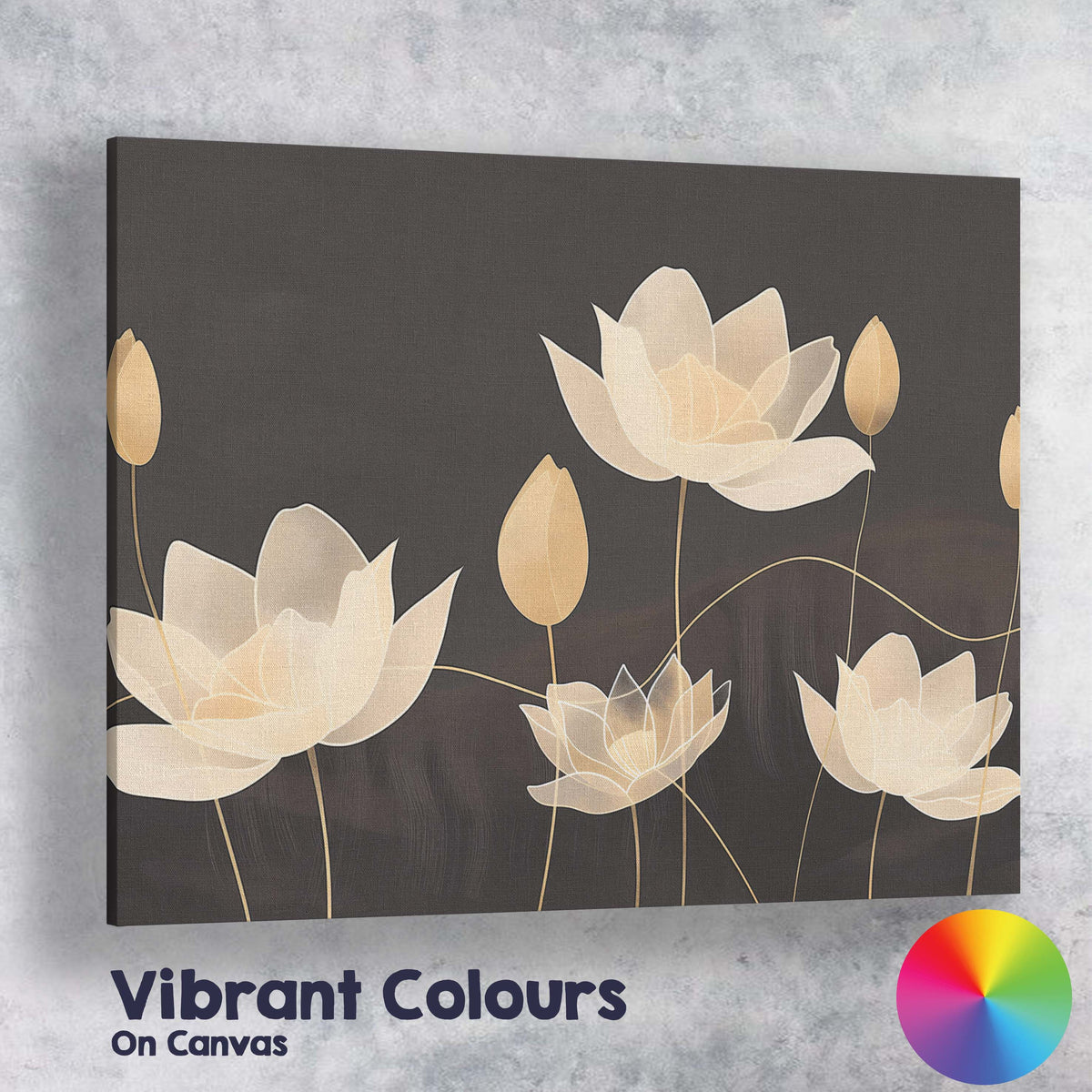 Elegant Ivory Lotus Flower Line Art Dark Neutral Botanical Canvas Wall Art Print Decor Picture Ready to Hang