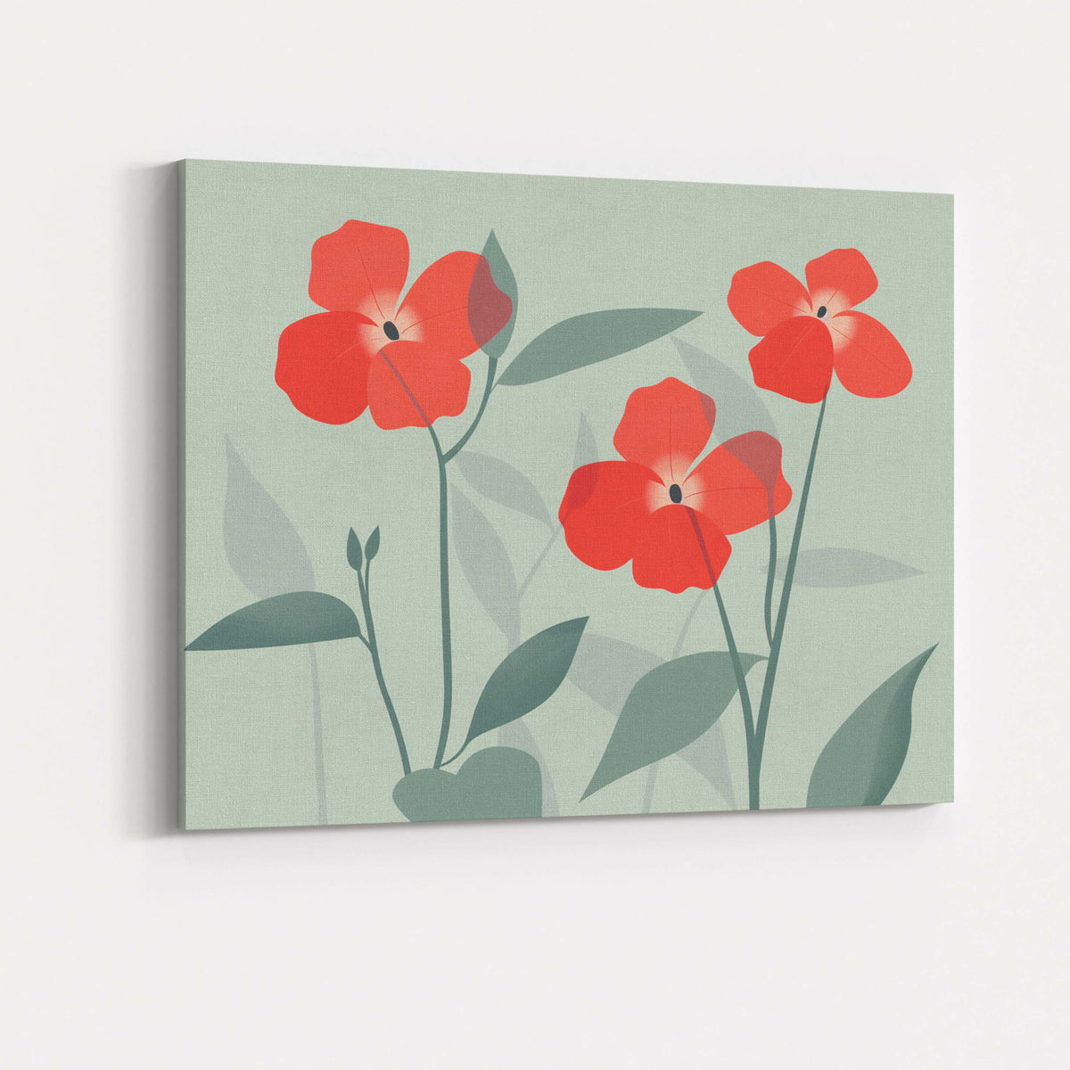 Coral Red Wildflower Botanical Illustration Sage Green Floral Art Canvas Wall Art Print Decor Picture Ready to Hang