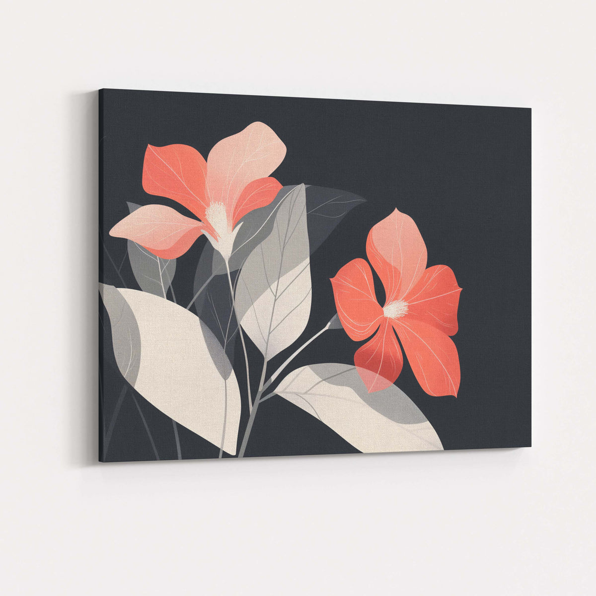 Coral Pink Blossom Floral Illustration Dark Botanical Elegance Canvas Wall Art Print Decor Picture Ready to Hang