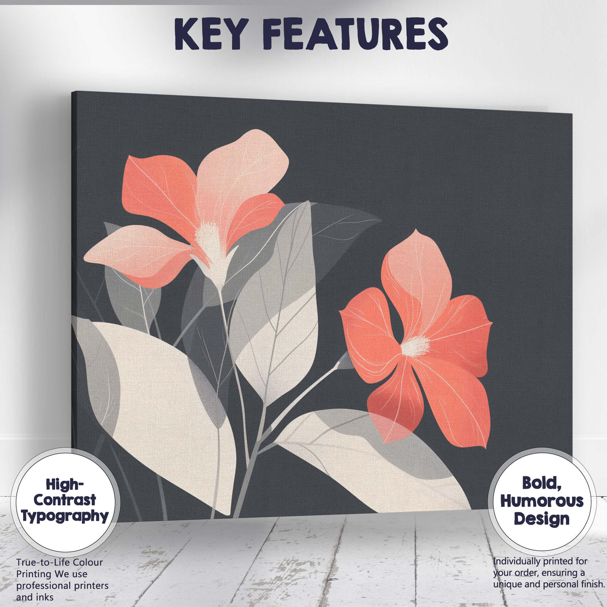 Coral Pink Blossom Floral Illustration Dark Botanical Elegance Canvas Wall Art Print Decor Picture Ready to Hang