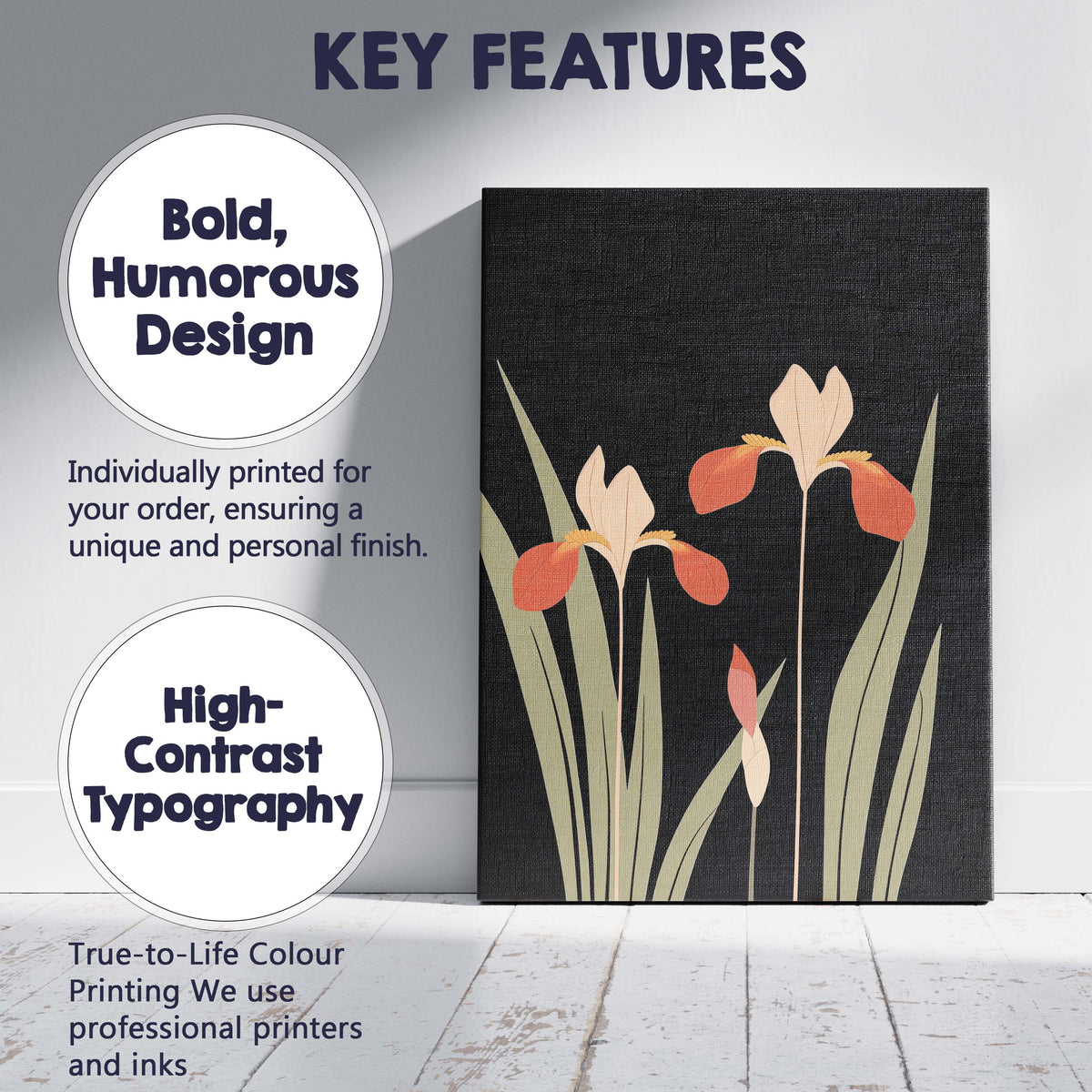 Minimalist Coral Iris Flowers Black Background Botanical Artwork Canvas Wall Art Print Decor Picture Ready to Hang
