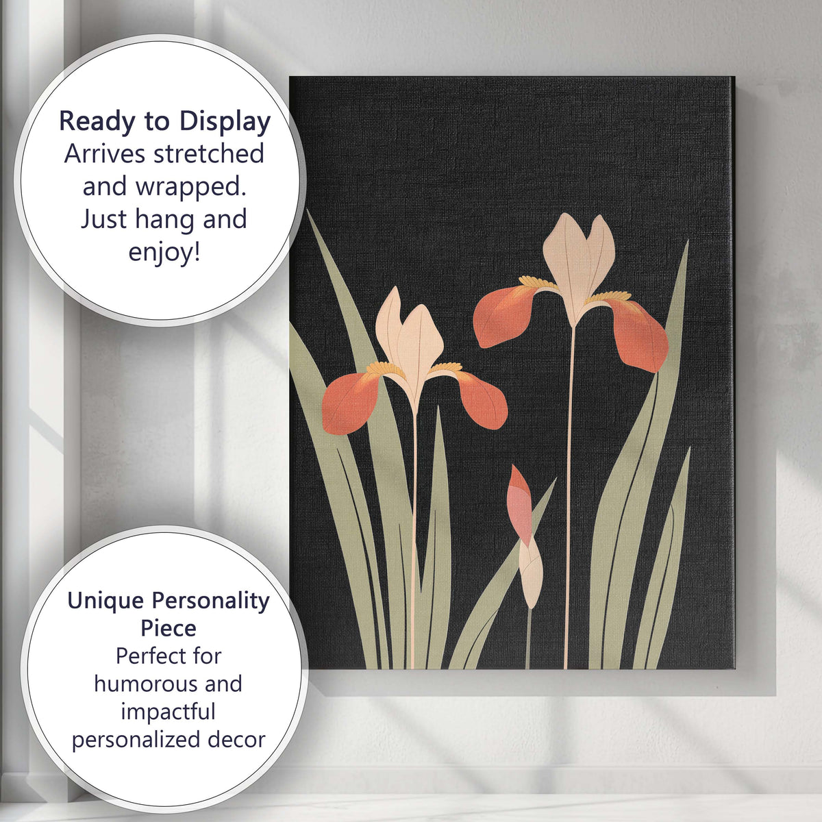 Minimalist Coral Iris Flowers Black Background Botanical Artwork Canvas Wall Art Print Decor Picture Ready to Hang