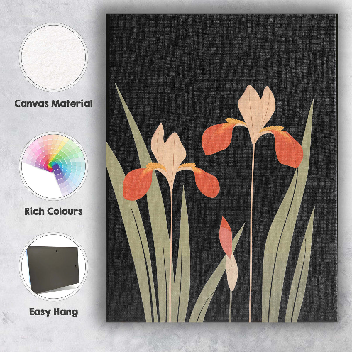 Minimalist Coral Iris Flowers Black Background Botanical Artwork Canvas Wall Art Print Decor Picture Ready to Hang