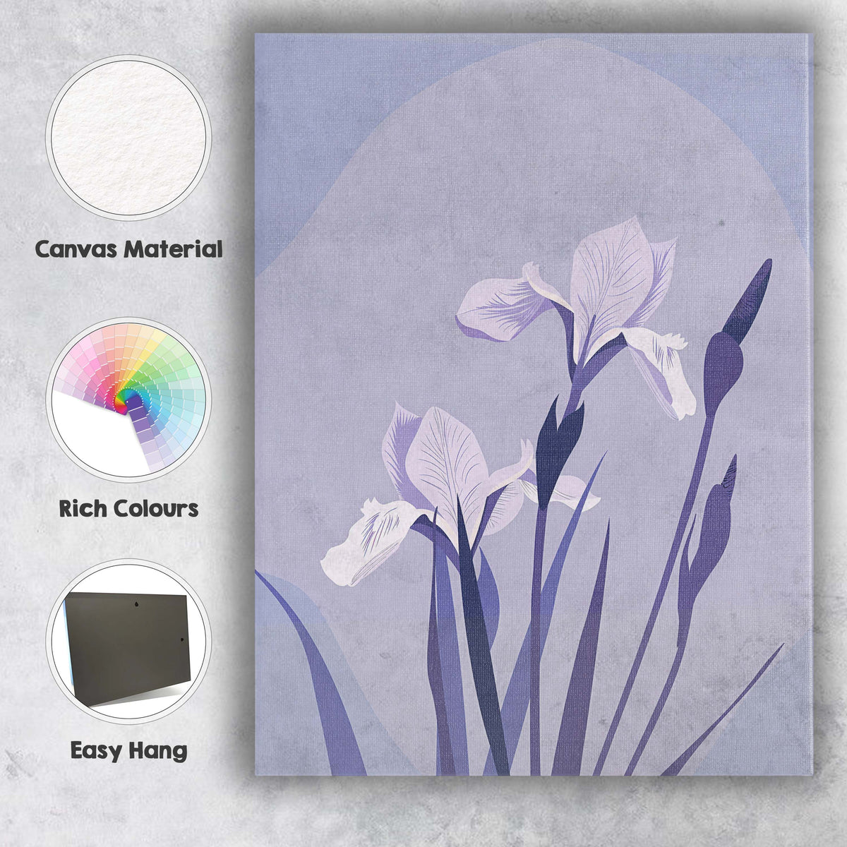 Soft Lavender Iris Floral Illustration Contemporary Botanical Design Canvas Wall Art Print Decor Picture Ready to Hang