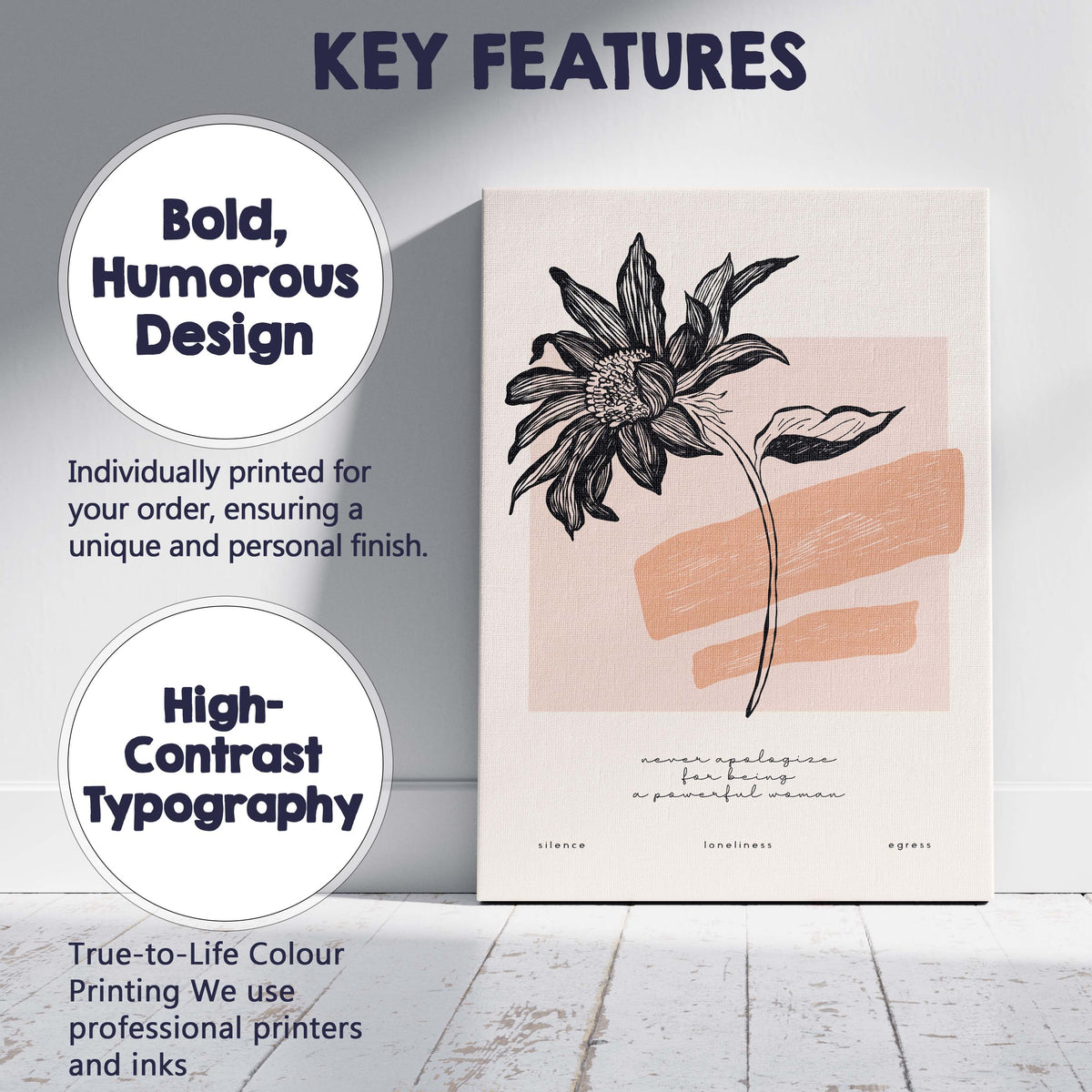 Boho Floral Line Drawing Inspirational Botanical Artwork Canvas Wall Art Print Decor Picture Ready to Hang