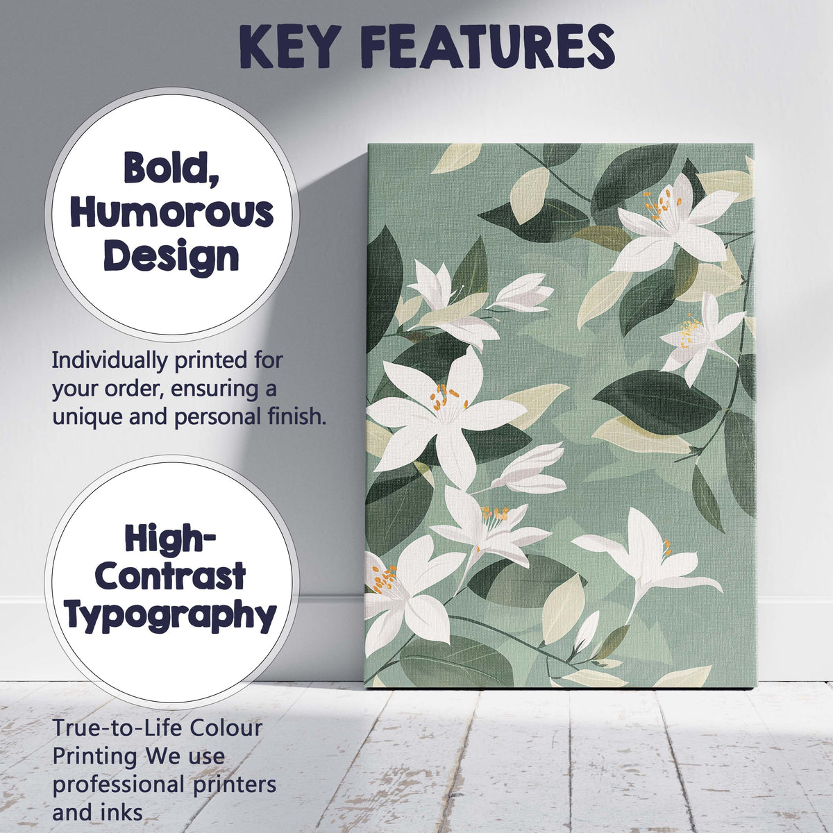 White Jasmine Blossom Botanical Pattern Sage Green Floral Design Canvas Wall Art Print Decor Picture Ready to Hang