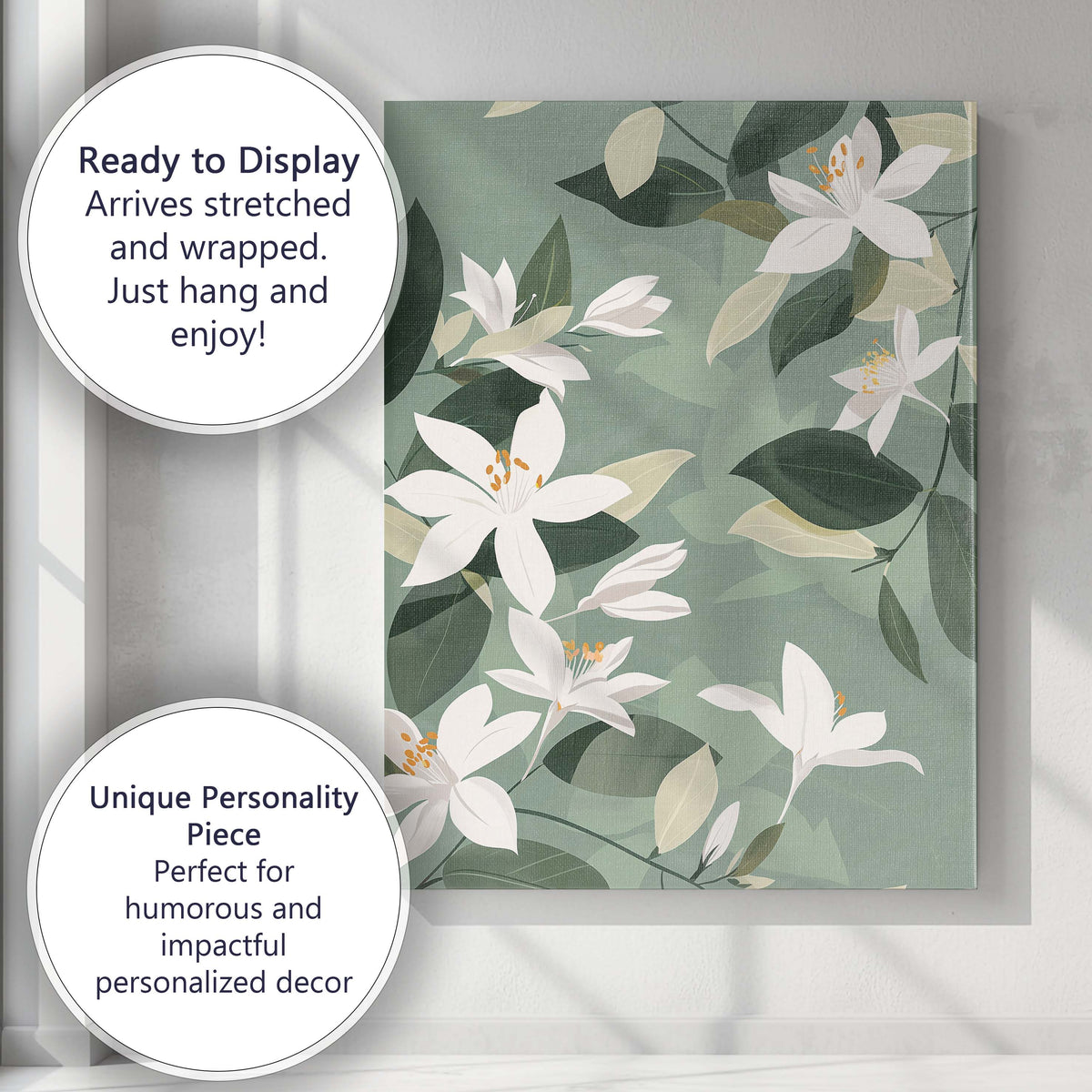 White Jasmine Blossom Botanical Pattern Sage Green Floral Design Canvas Wall Art Print Decor Picture Ready to Hang