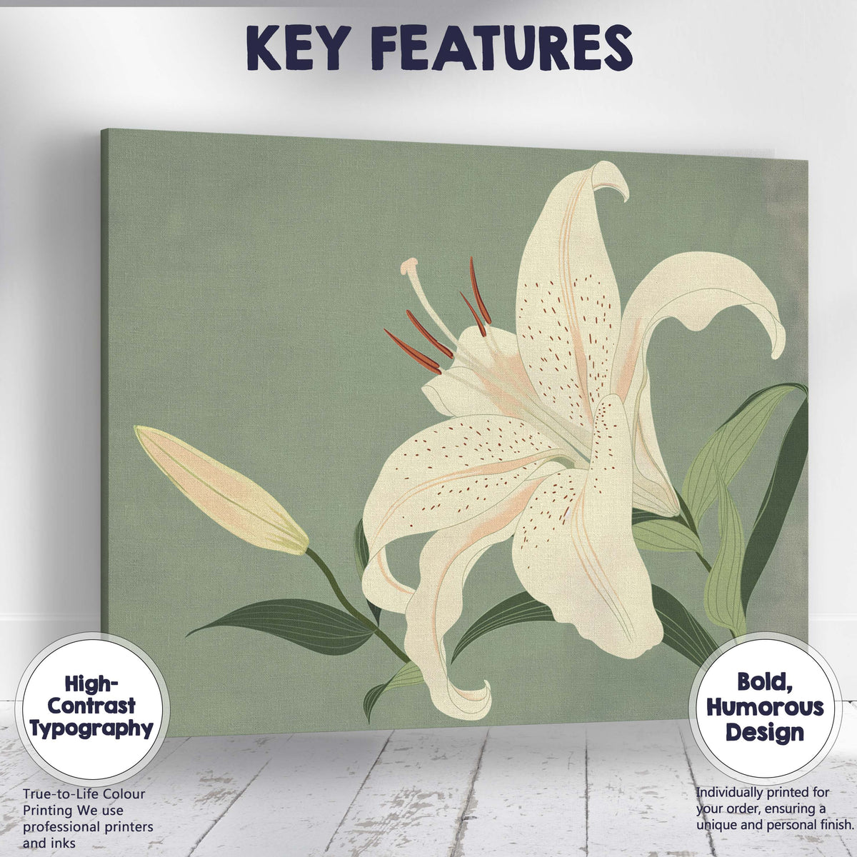Elegant White Lily Bloom Sage Green Botanical Illustration Canvas Wall Art Print Decor Picture Ready to Hang