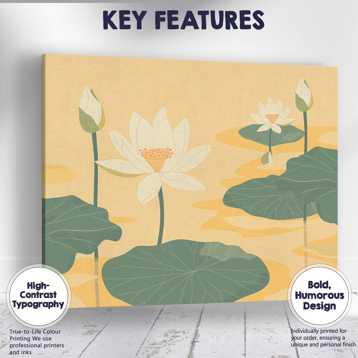 Minimalist Cream Lotus Flowers On Golden Water Landscape Canvas Wall Art Print Decor Picture Ready to Hang