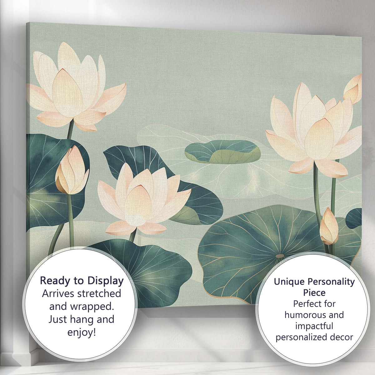 Serene Sage Green Lotus Garden Oriental Botanical Artwork Canvas Wall Art Print Decor Picture Ready to Hang