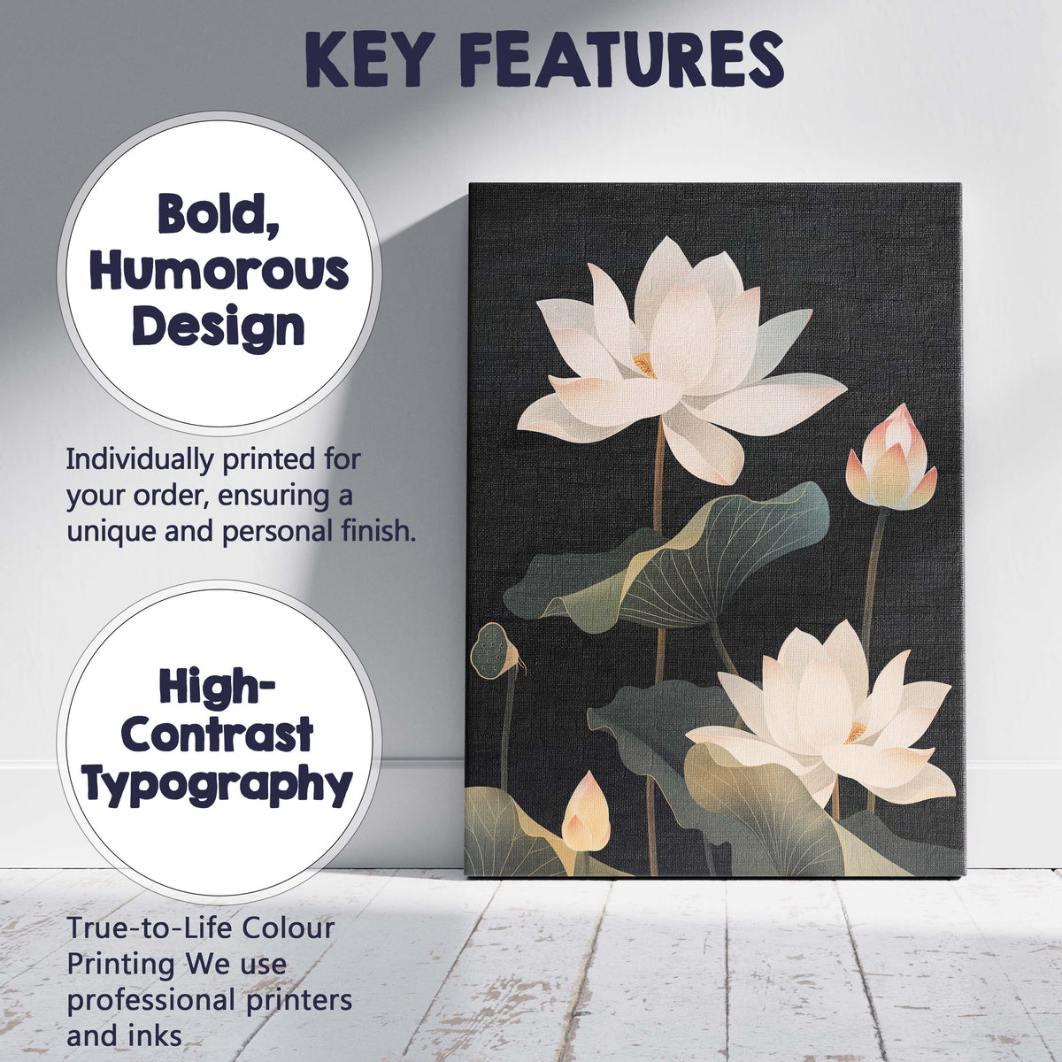 Dark Botanical Lotus Flowers Night Garden Illustration Canvas Wall Art Print Decor Picture Ready to Hang