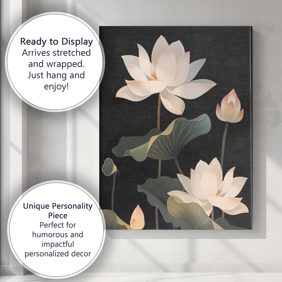 Dark Botanical Lotus Flowers Night Garden Illustration Canvas Wall Art Print Decor Picture Ready to Hang