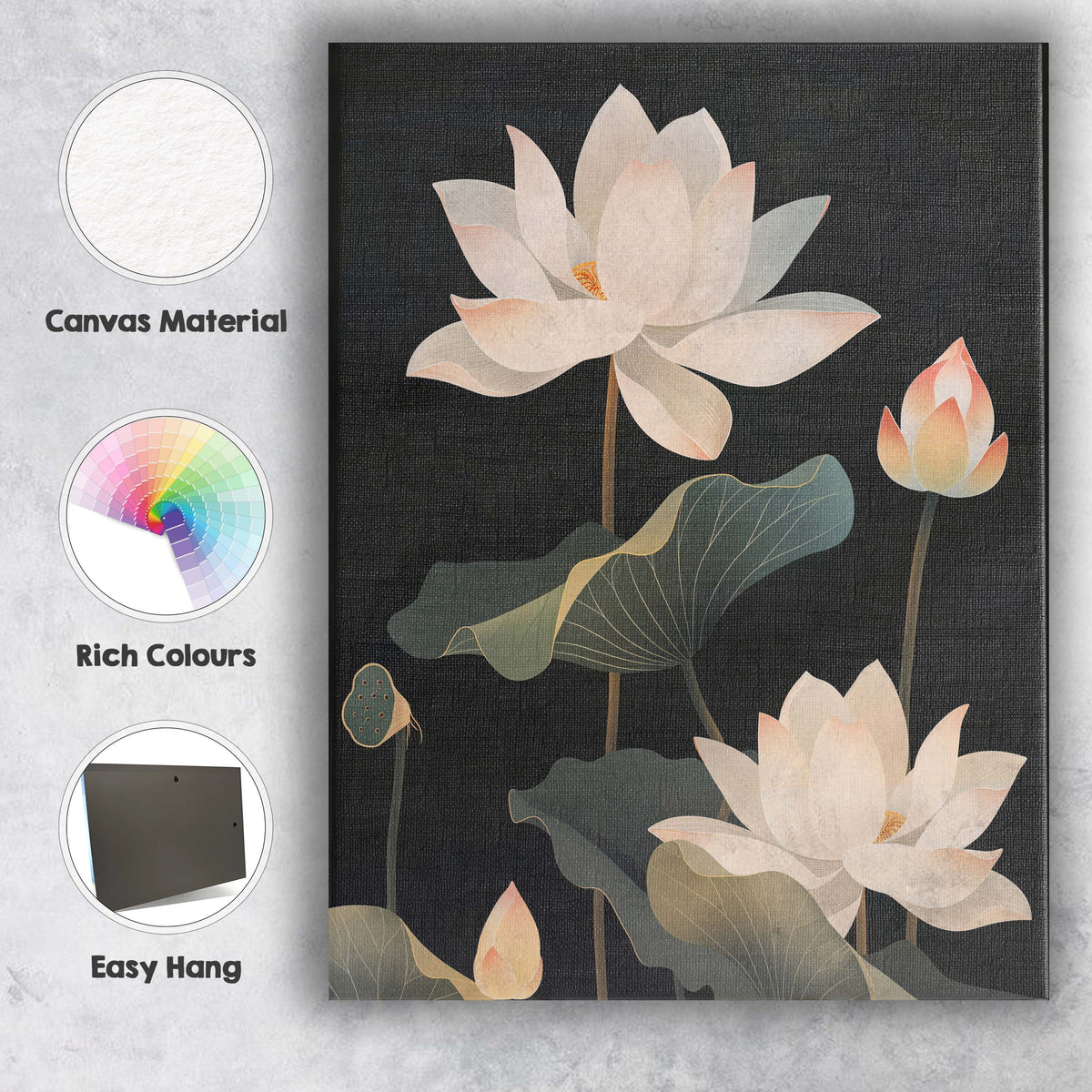 Dark Botanical Lotus Flowers Night Garden Illustration Canvas Wall Art Print Decor Picture Ready to Hang
