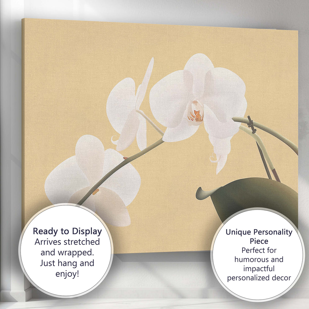 White Phalaenopsis Orchid On Warm Beige Background Botanical Canvas Wall Art Print Decor Picture Ready to Hang