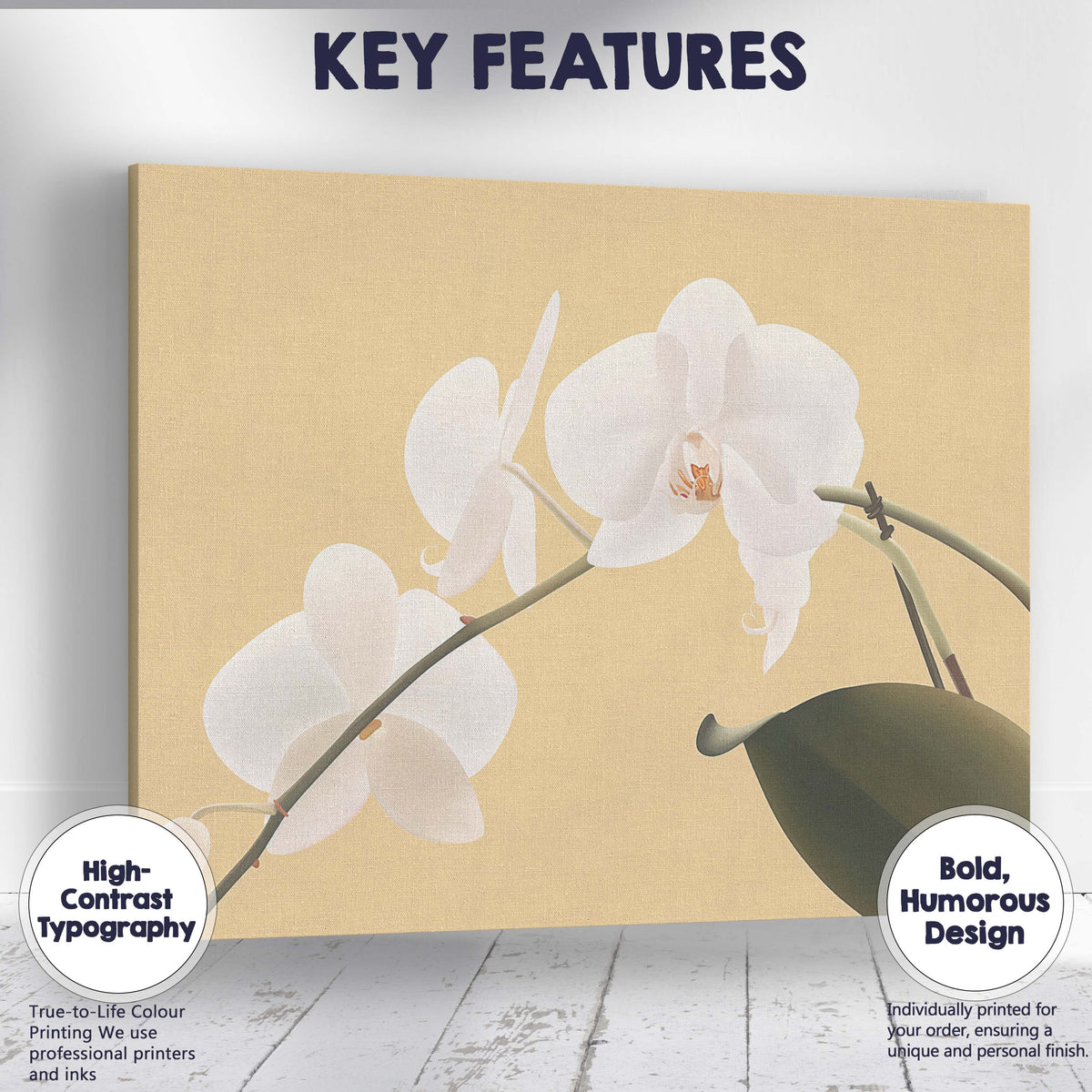 White Phalaenopsis Orchid On Warm Beige Background Botanical Canvas Wall Art Print Decor Picture Ready to Hang