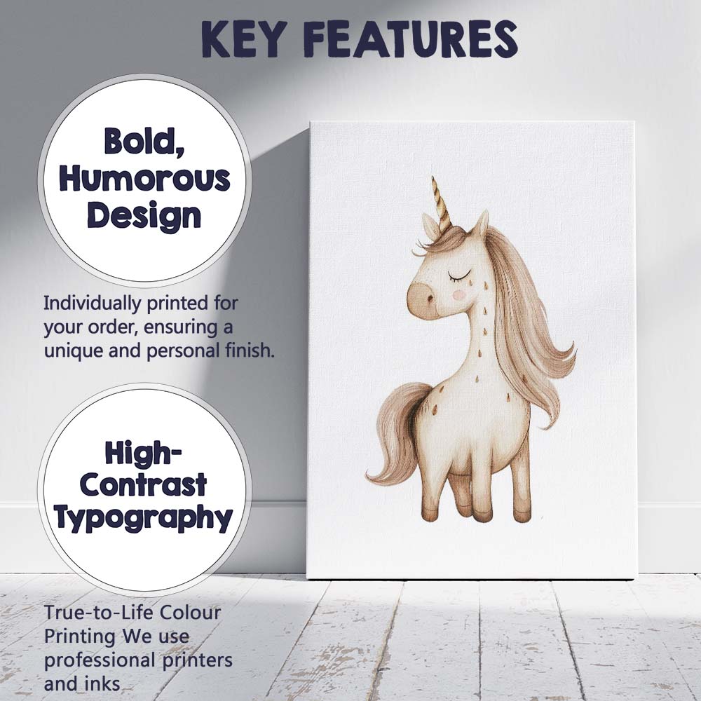 Cute Beige Unicorn Nursery Watercolour Fantasy Illustration Canvas Wall Art Print Decor Picture Ready to Hang