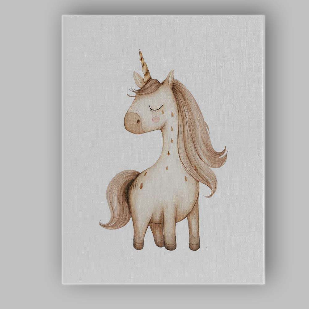 Cute Beige Unicorn Nursery Watercolour Fantasy Illustration Canvas Wall Art Print Decor Picture Ready to Hang