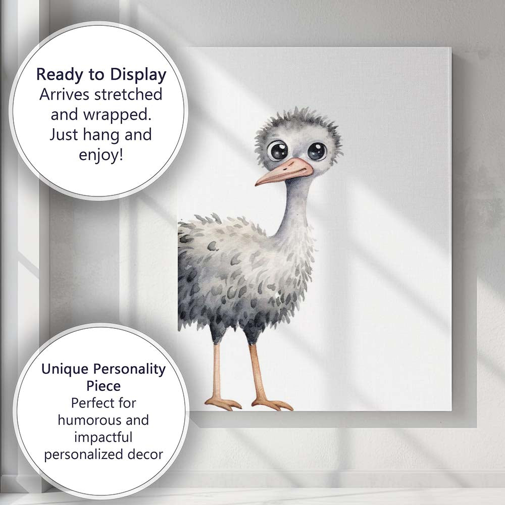 Cute Baby Ostrich Nursery Watercolour Bird Illustration Canvas Wall Art Print Decor Picture Ready to Hang