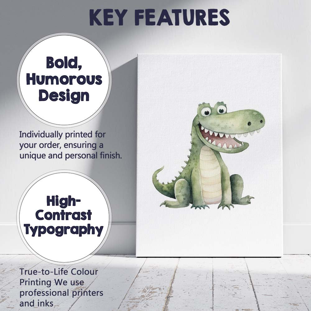 Cute Smiling Crocodile Nursery Watercolour Animal Illustration Canvas Wall Art Print Decor Picture Ready to Hang