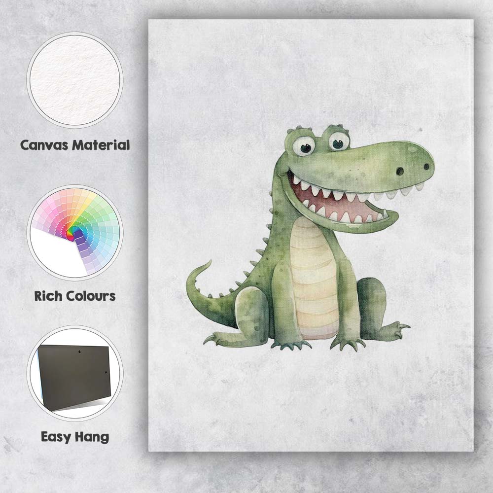 Cute Smiling Crocodile Nursery Watercolour Animal Illustration Canvas Wall Art Print Decor Picture Ready to Hang