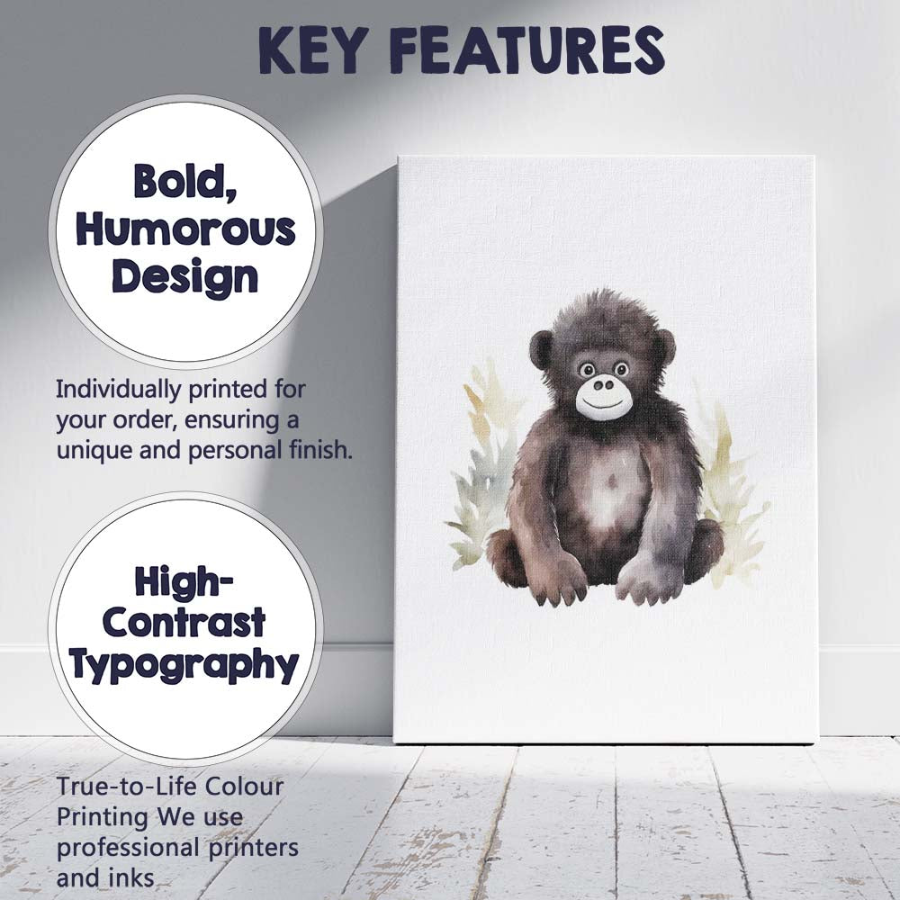 Cute Baby Gorilla Watercolour Jungle Animal Illustration Canvas Wall Art Print Decor Picture Ready to Hang
