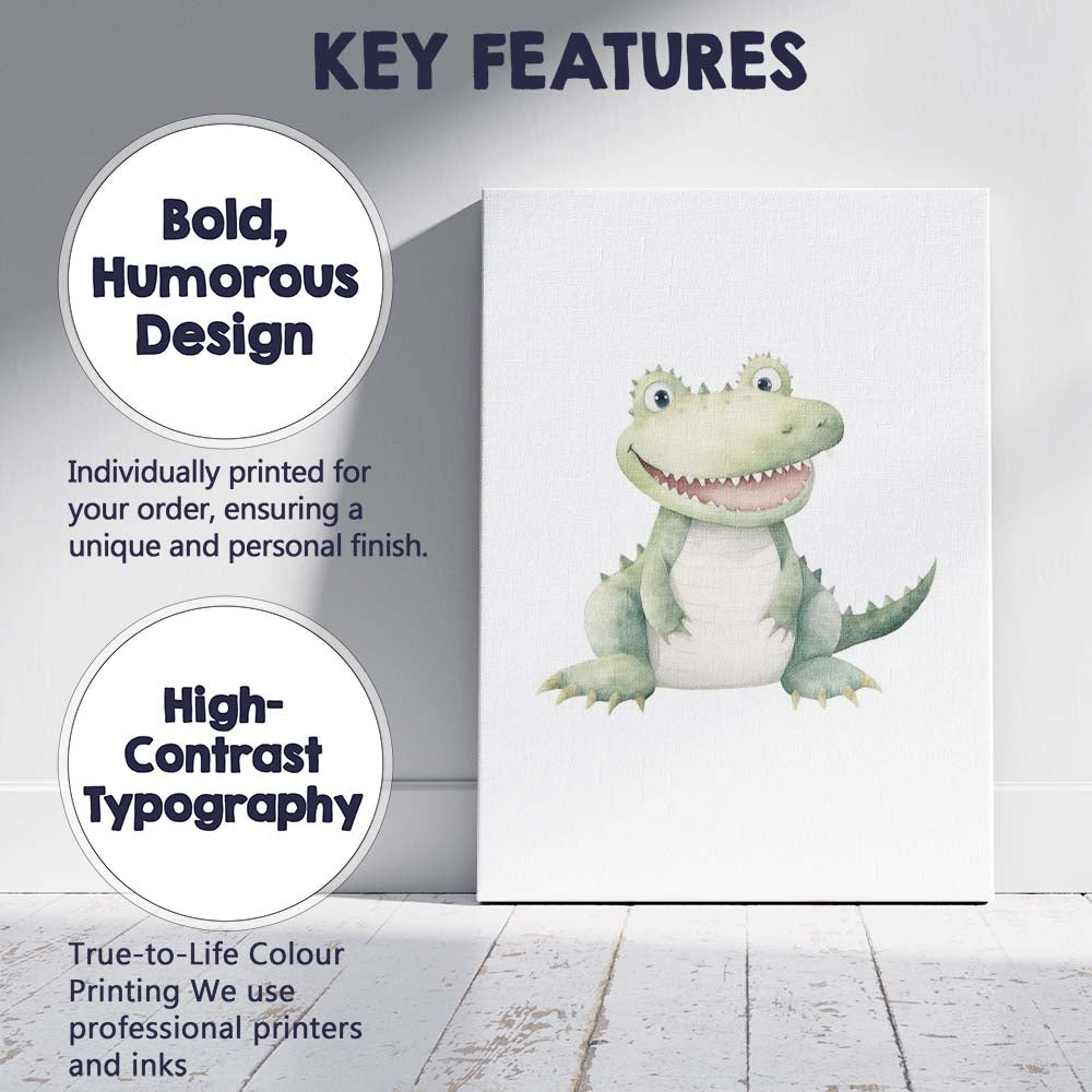 Cute Smiling Baby Crocodile Watercolour Nursery Animal Illustration Canvas Wall Art Print Decor Picture Ready to Hang
