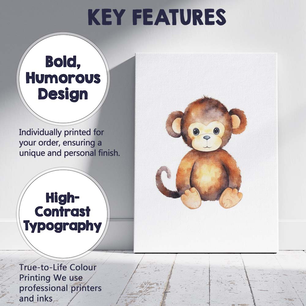 Cute Baby Monkey Watercolour Jungle Animal Illustration Canvas Wall Art Print Decor Picture Ready to Hang