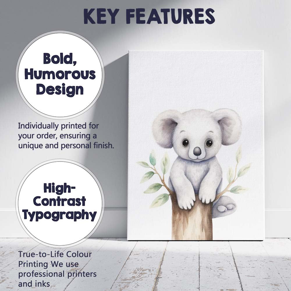 Cute Baby Koala Sitting on Tree Branch Watercolour Nursery Animal Illustration Canvas Wall Art Print Decor Picture Ready to Hang