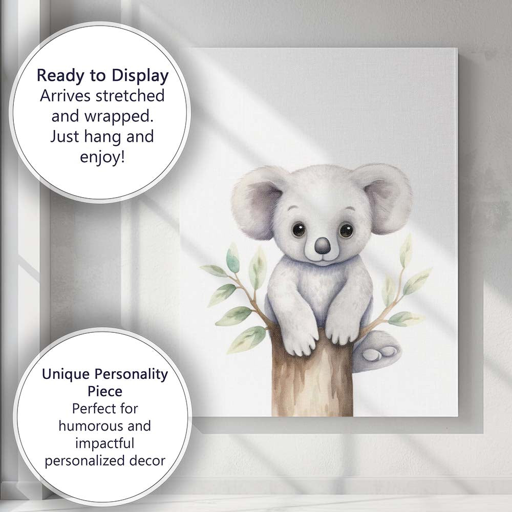 Cute Baby Koala Sitting on Tree Branch Watercolour Nursery Animal Illustration Canvas Wall Art Print Decor Picture Ready to Hang