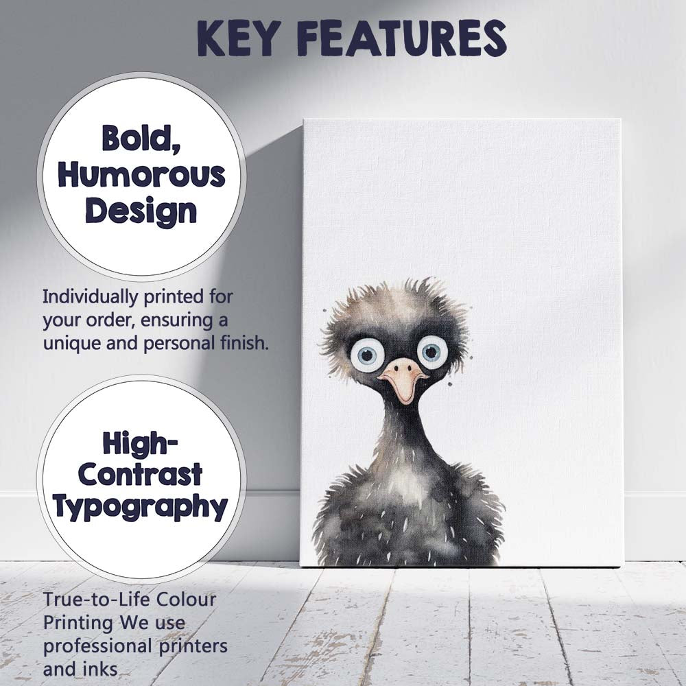 Cute Baby Emu Watercolour Nursery Bird Illustration Canvas Wall Art Print Decor Picture Ready to Hang