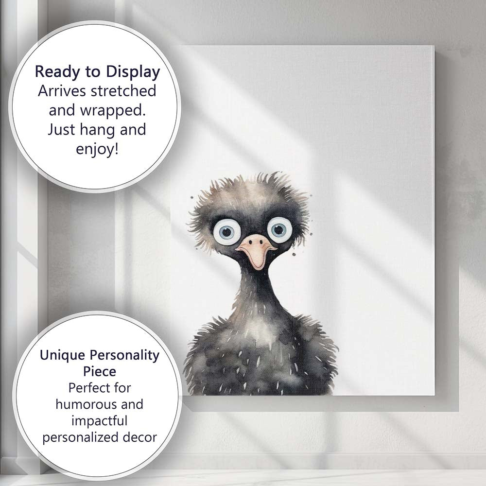 Cute Baby Emu Watercolour Nursery Bird Illustration Canvas Wall Art Print Decor Picture Ready to Hang